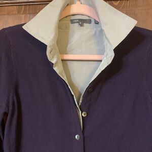 VINCE PURPLE CASHMERE CARDIGAN SWEATER WITH ILLUSION FAUX SHIRT COLLAR DETAIL